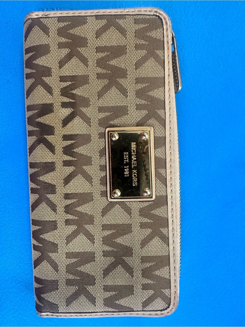 Michael Kors Brown and Tan MK Monogram Zip-Around Wallet with Gold Plate